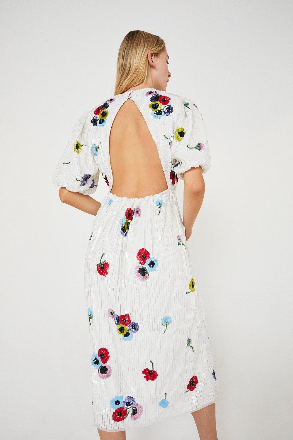 Sequin Puff Sleeve Midi Dress | Warehouse